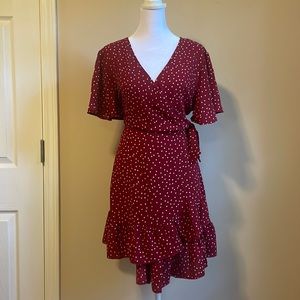 Large. Burgundy. Wrap poka dot dress